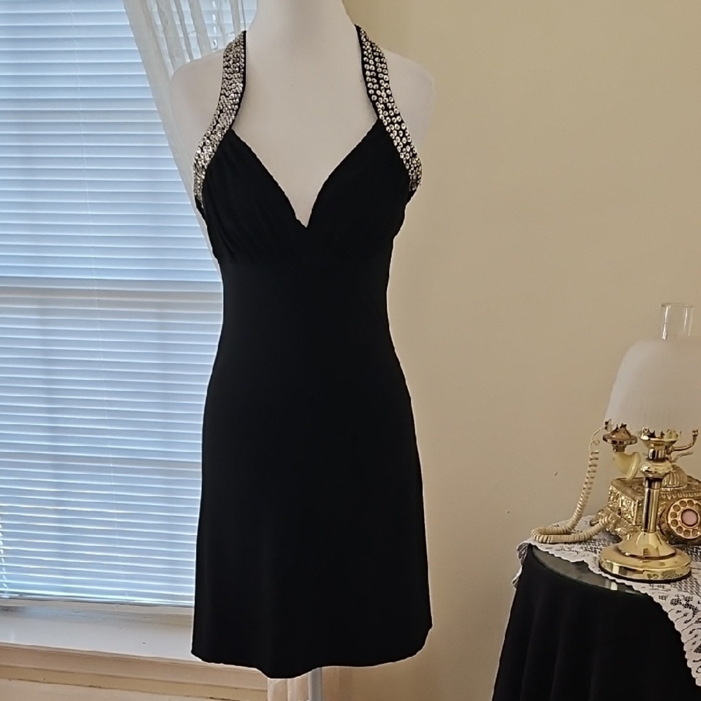 Chic Black Backless Dress with Embellished Straps.  Never Worn.